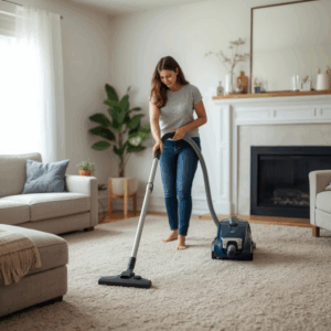 Homeowner vacuuming carpet as part of regular floor maintenance