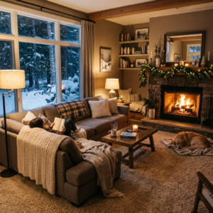 Living room carpeted in winter