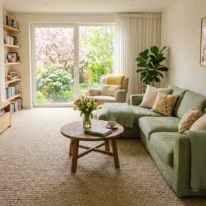 Living room fully carpeted on spring